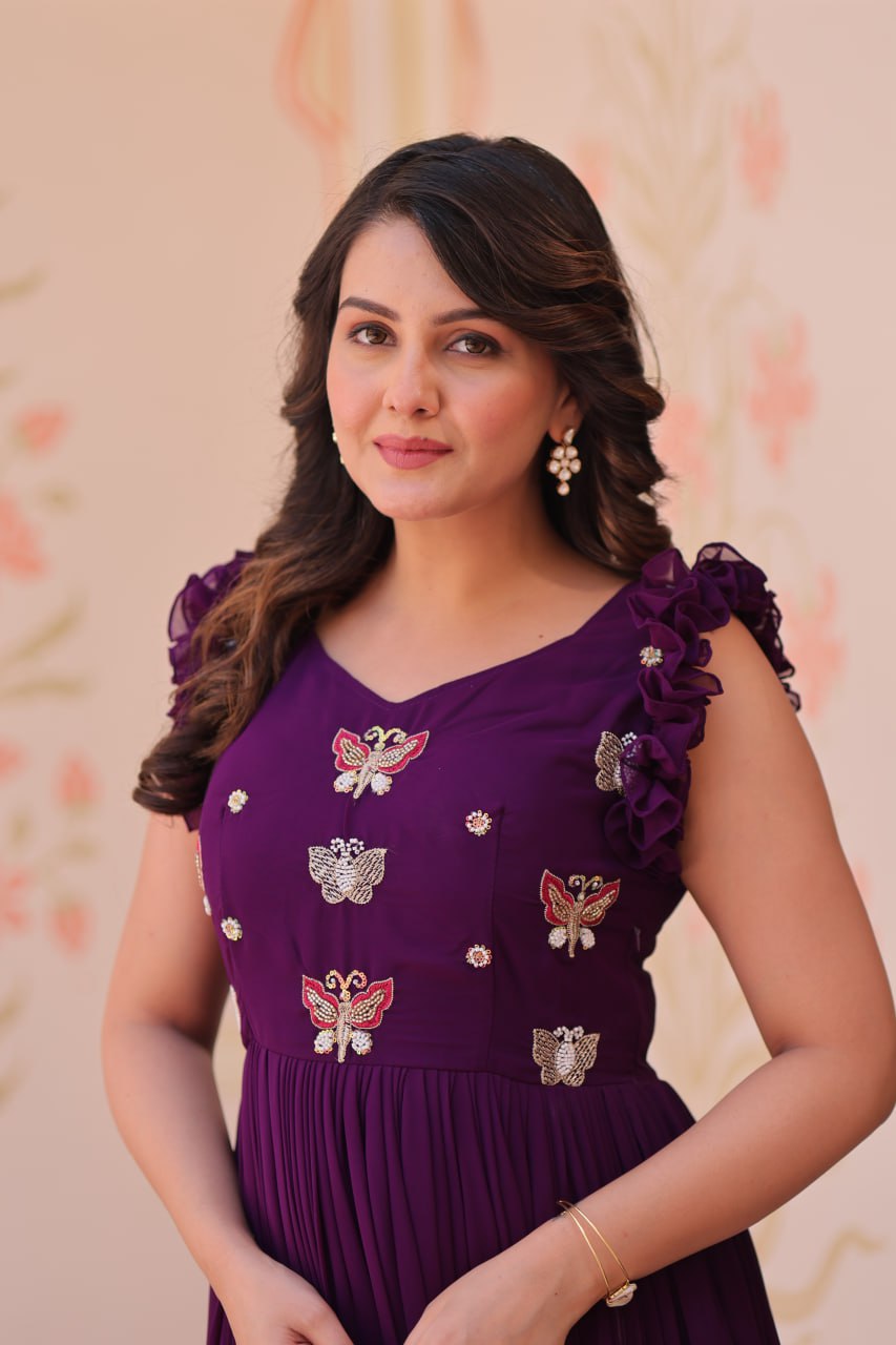 Women's Elegant Plum Purple Georgette Anarkali Gown with Butterfly Applique & Ruffle Sleeves – Festive & Special Occasion Wear - Image 9